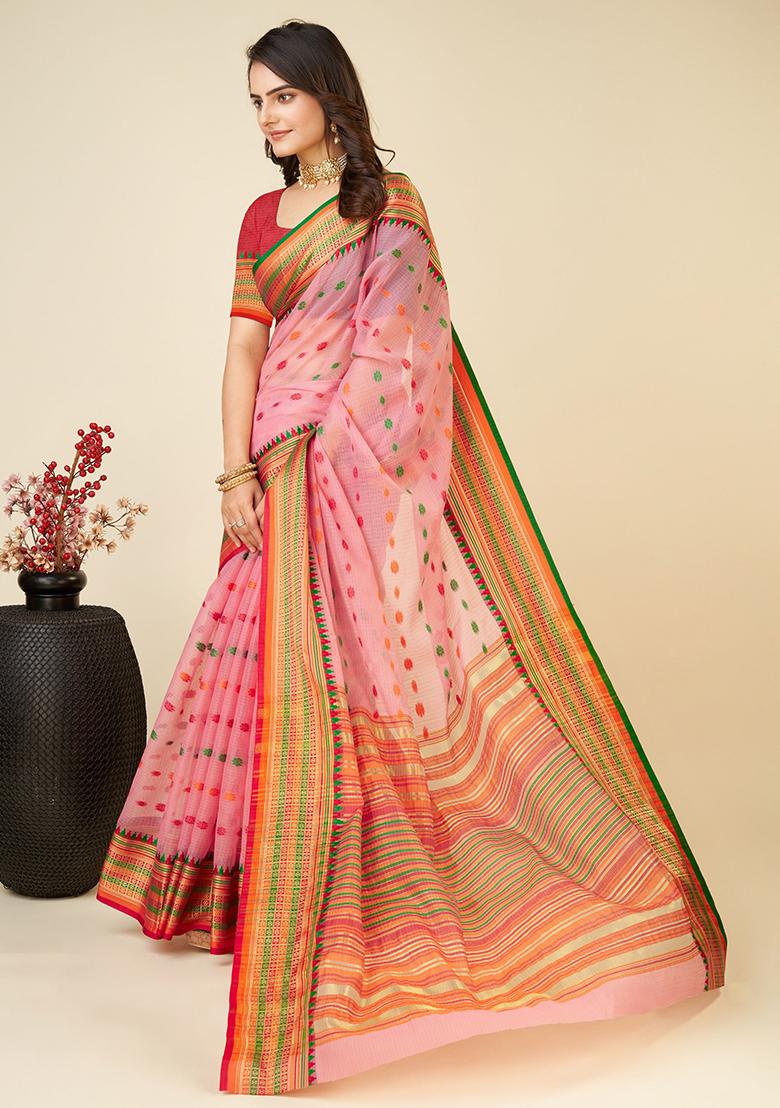 Pink Woven Soft Silk Saree Set
