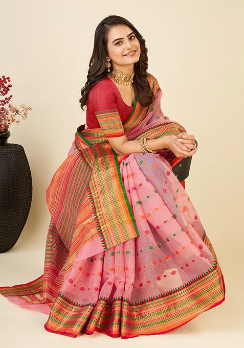 Pink Woven Soft Silk Saree Set