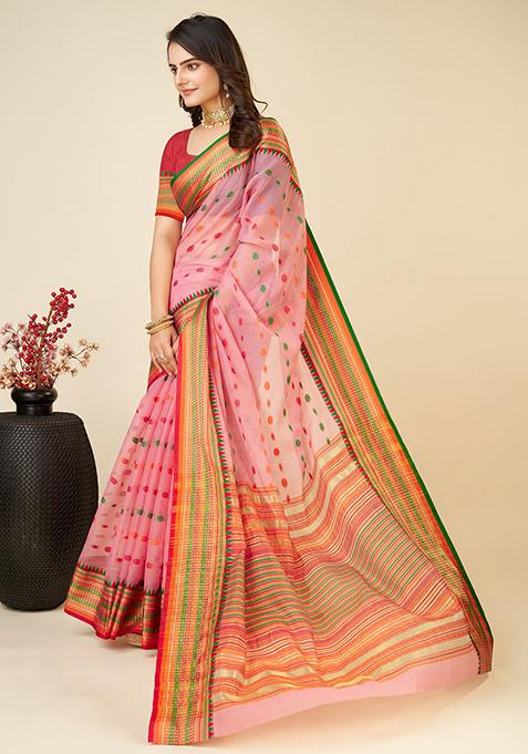 Pink Woven Soft Silk Saree Set