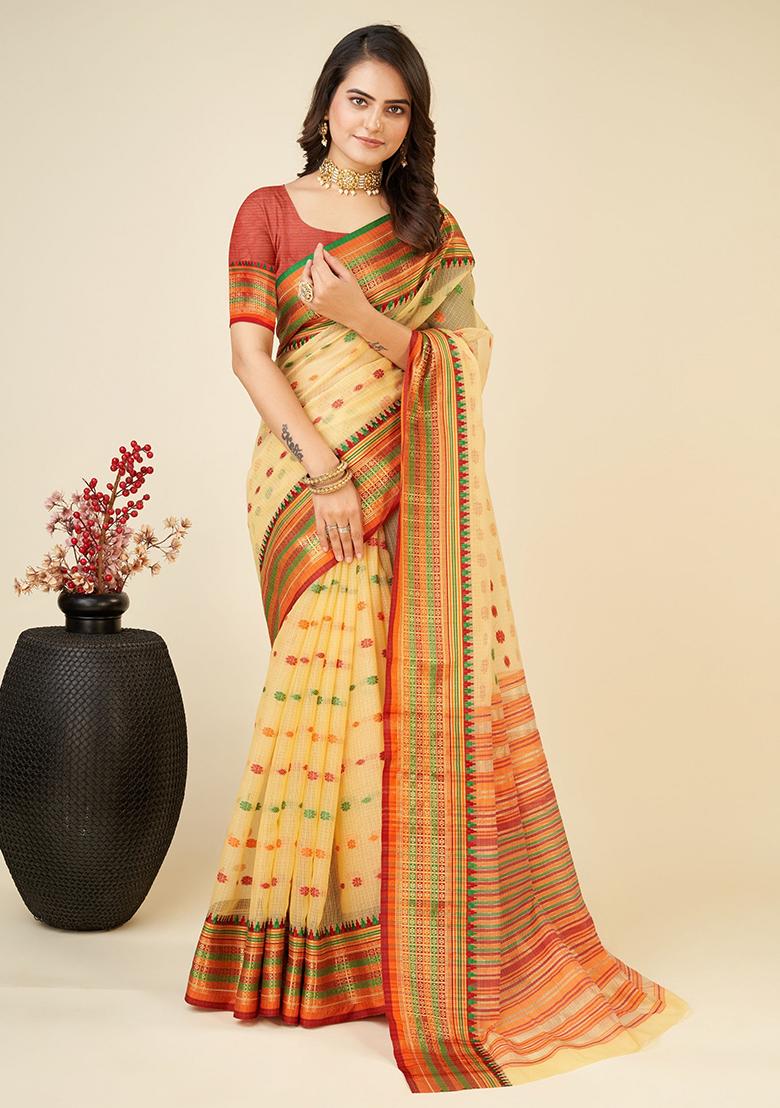 Cream Woven Soft Silk Saree Set