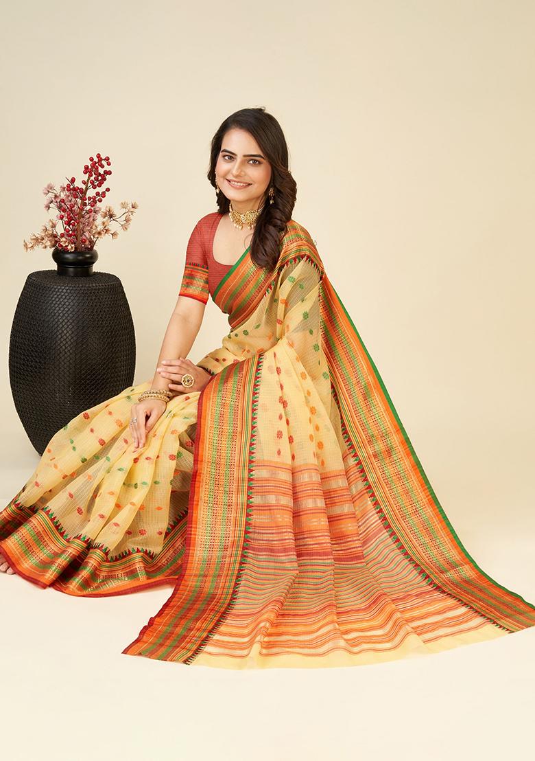 Cream Woven Soft Silk Saree Set - Indya