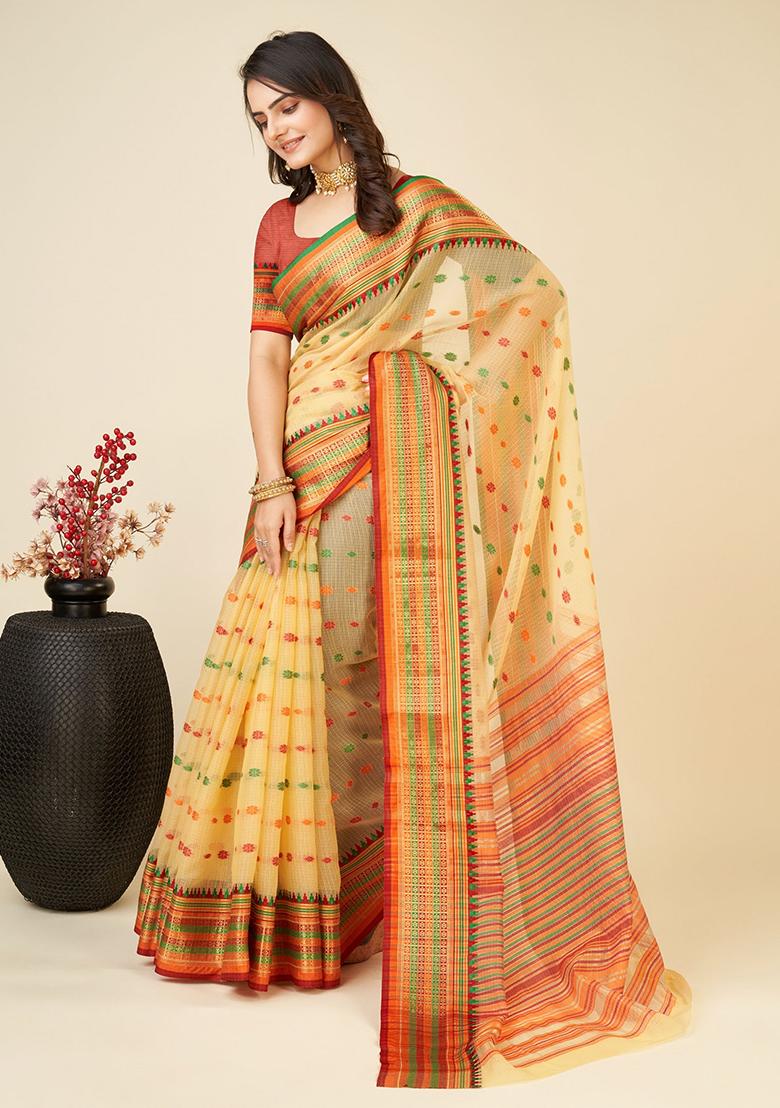 Cream Woven Soft Silk Saree Set