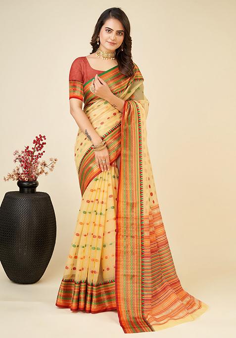 Cream Woven Soft Silk Saree Set