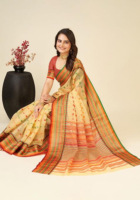 Cream Woven Soft Silk Saree Set