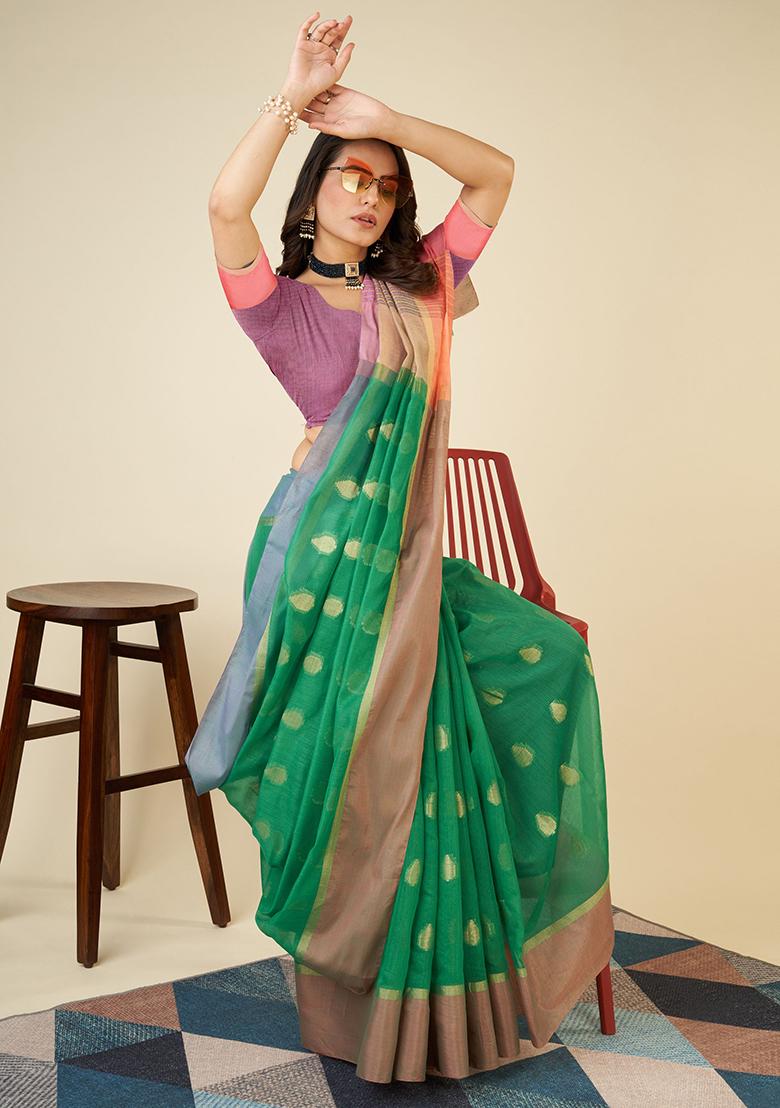 Green Woven Soft Silk Saree Set