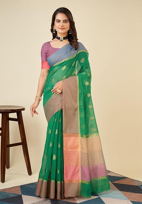 Green Woven Soft Silk Saree Set