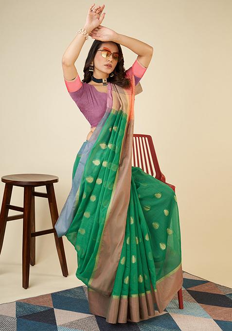 Green Woven Soft Silk Saree Set