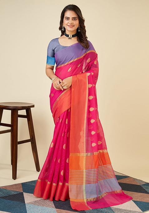 Pink Woven Soft Silk Saree Set