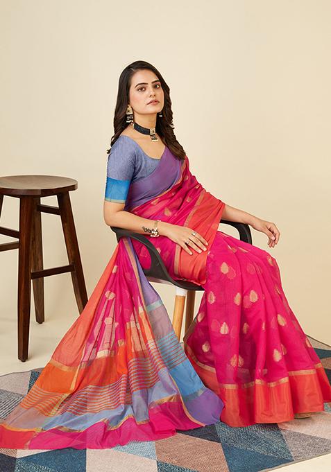 Pink Woven Soft Silk Saree Set
