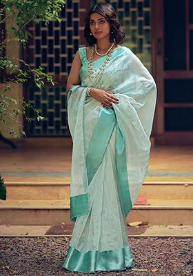 Sky Blue Embroidered Organza Saree Set