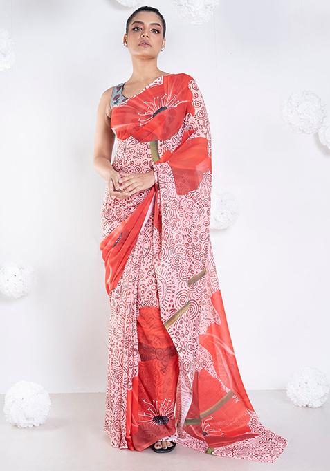 Pink Printed Georgette Saree Set