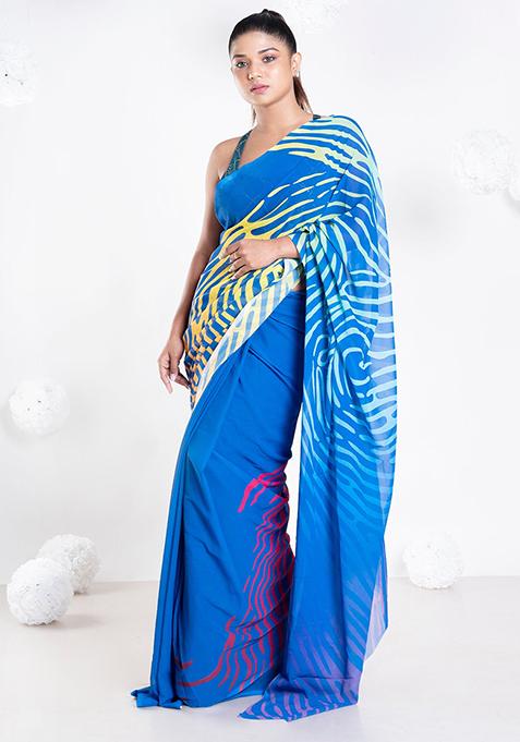 Blue Printed Georgette Saree Set