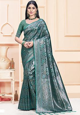 Rama Green Jacquard Satin Silk Saree Set