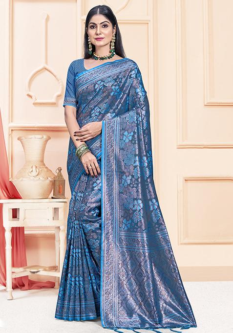 Blue Jacquard Satin Silk Saree Set