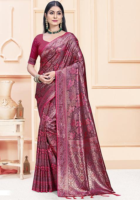 Rani Pink Jacquard Satin Silk Saree Set