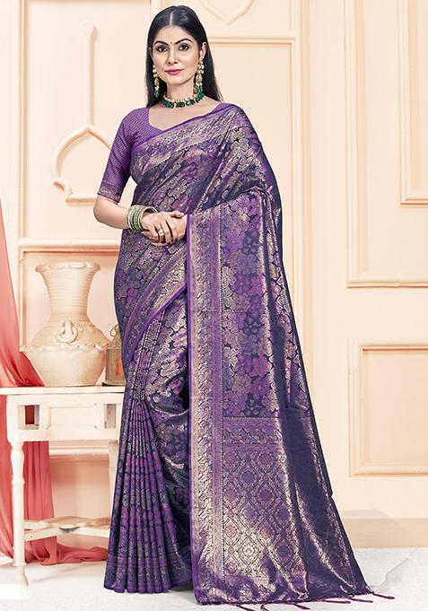 Lavender Jacquard Satin Silk Saree Set