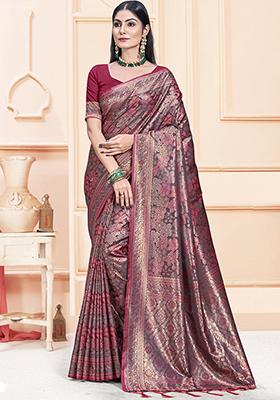 Magenta Jacquard Satin Silk Saree Set