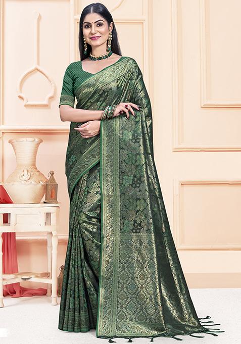 Green Jacquard Satin Silk Saree Set