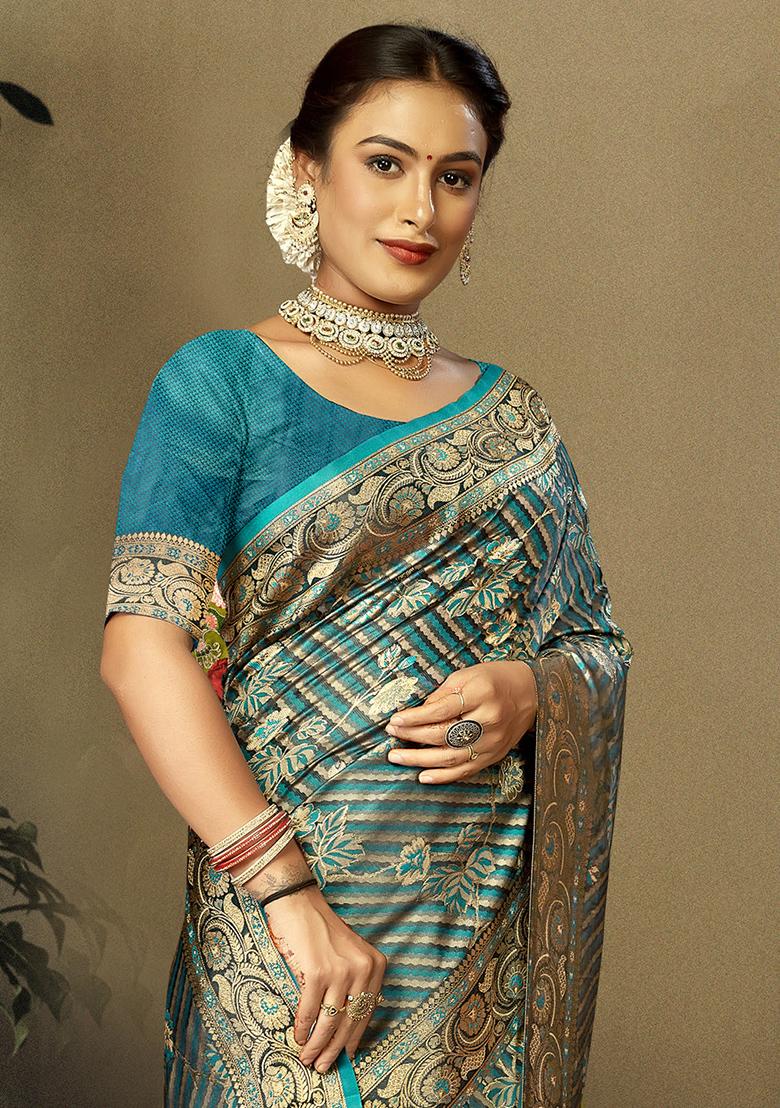 Sky Blue Jacquard Satin Silk Saree Set
