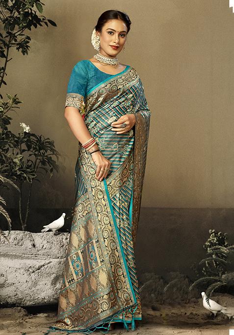 Sky Blue Jacquard Satin Silk Saree Set