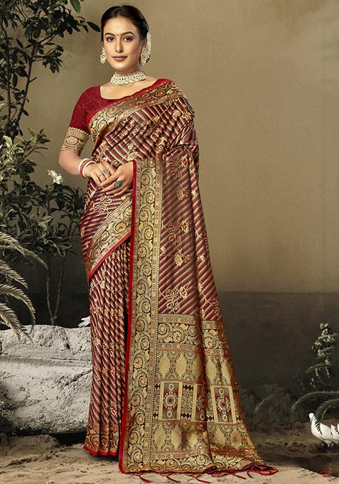 Maroon Jacquard Satin Silk Saree Set