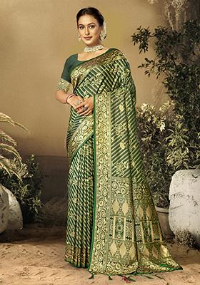 Green Ikat Print Satin Silk Saree Set