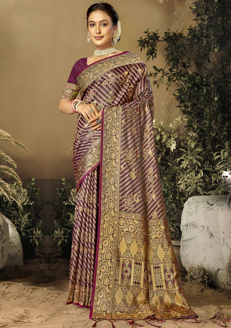 Wine Ikat Print Satin Silk Blend Saree Set - Indya