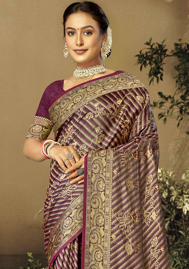 Wine Ikat Print Satin Silk Blend Saree Set - Indya
