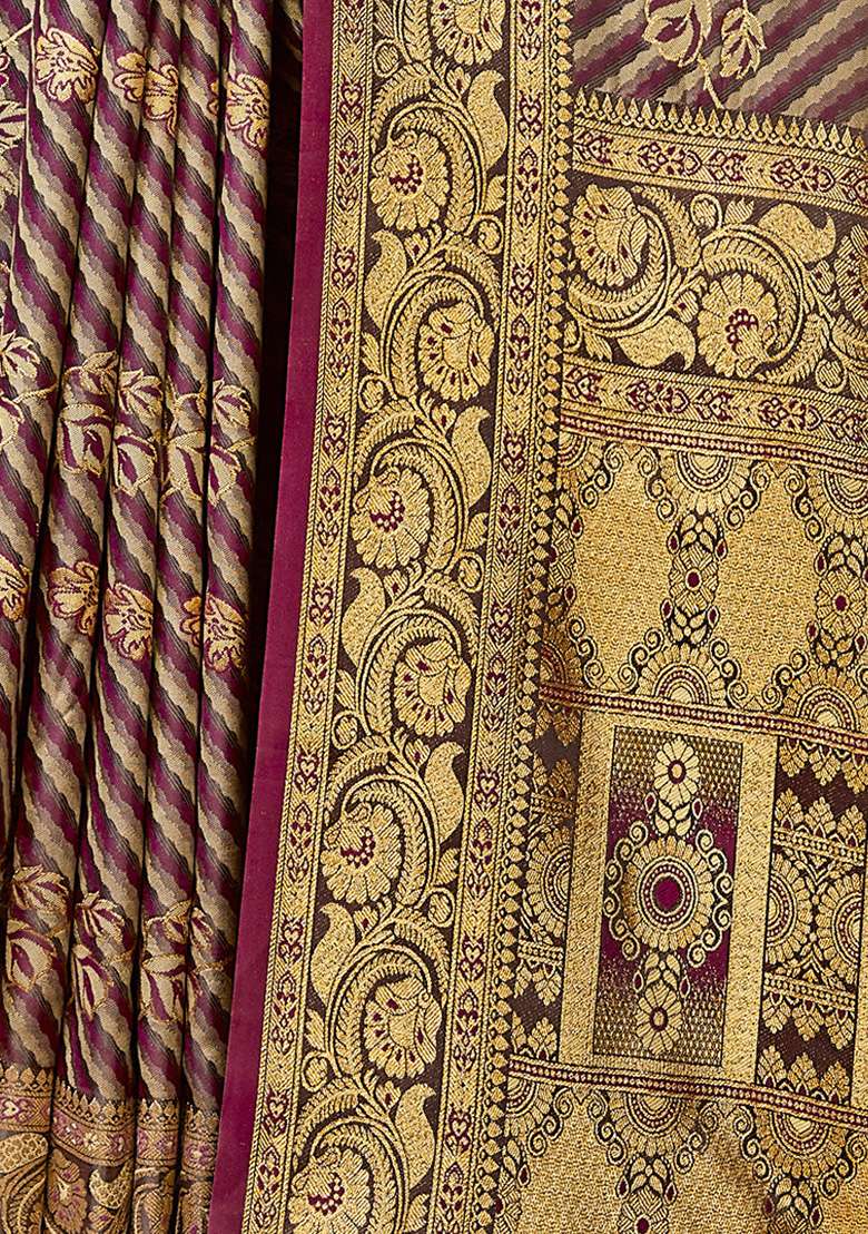 Wine Ikat Print Satin Silk Blend Saree Set - Indya