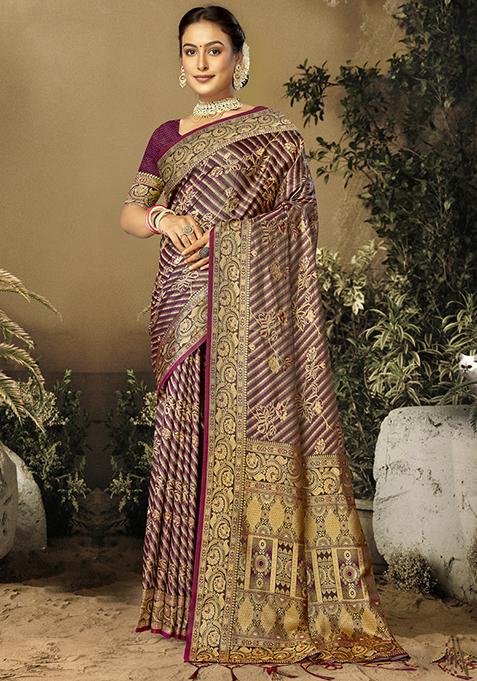 Wine Ikat Print Satin Silk Saree Set