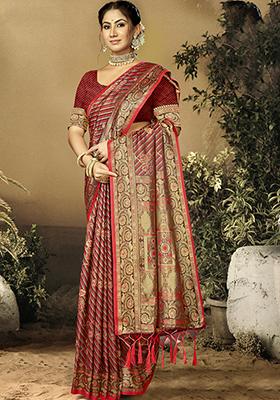 Red Ikat Print Satin Silk Saree Set