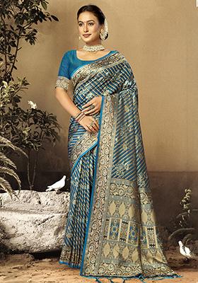 Blue Ikat Print Satin Silk Saree Set