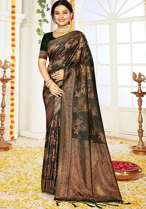 Green Ikat Print Satin Silk Saree Set