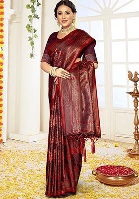 Red Ikat Print Satin Silk Saree Set