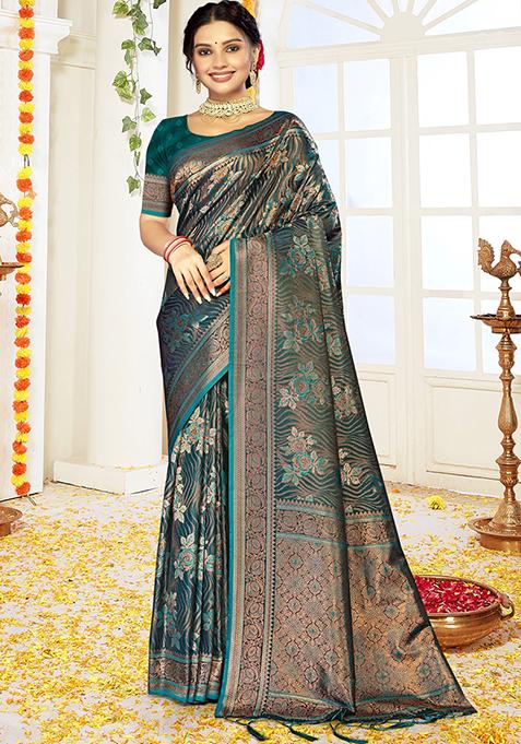 Rama Green Ikat Print Satin Silk Saree Set