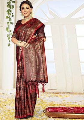 Maroon Ikat Print Satin Silk Saree Set