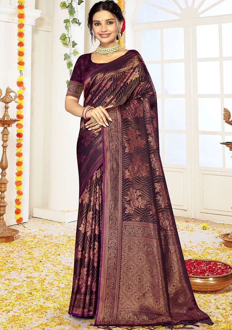 Wine Ikat Print Satin Silk Blend Saree Set - Indya
