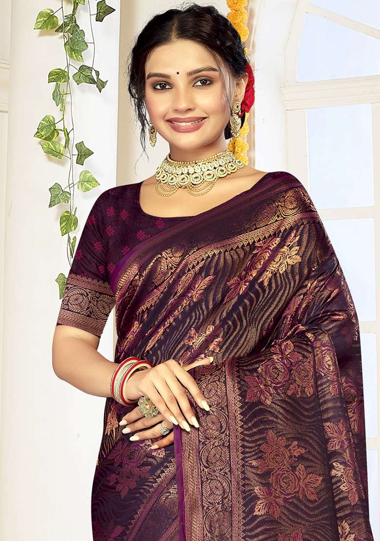 Wine Ikat Print Satin Silk Blend Saree Set - Indya