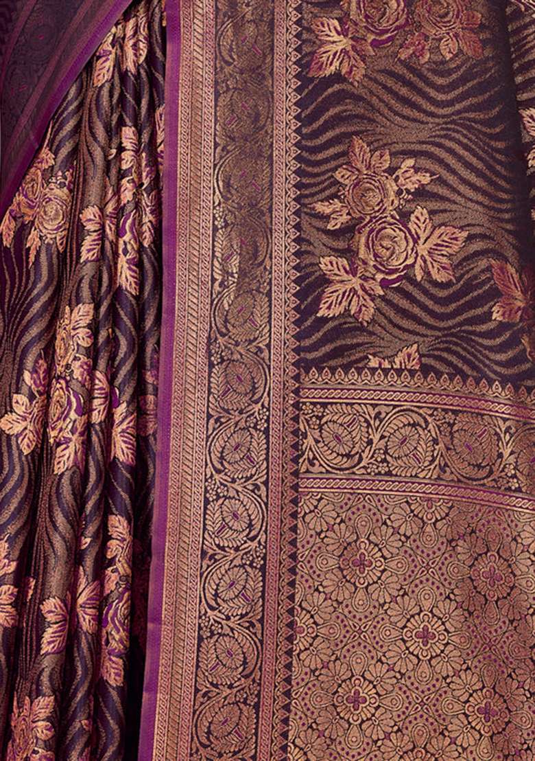 Wine Ikat Print Satin Silk Blend Saree Set - Indya
