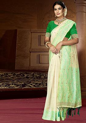 Cream Ikat Print Cotton Saree Set