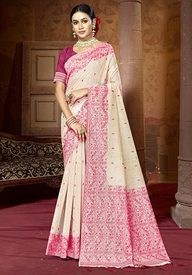 Cream Ikat Print Cotton Saree Set