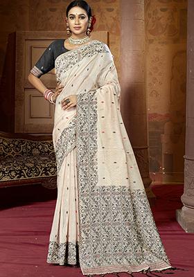 Cream Ikat Print Cotton Saree Set