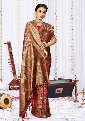 Red Ikat Print Satin Silk Saree Set