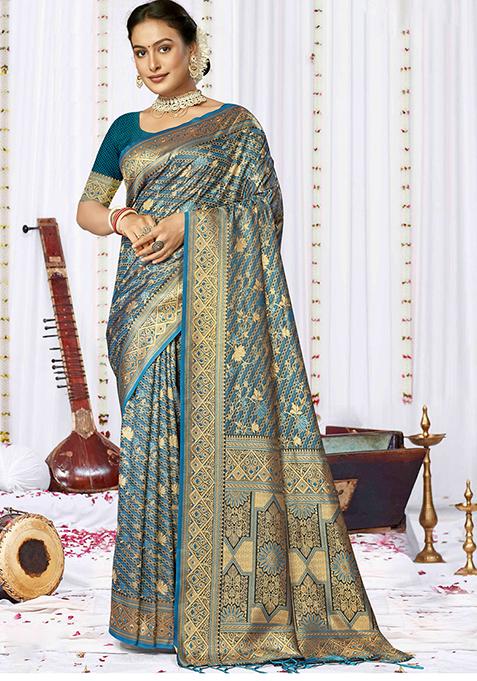 Rama Green Ikat Print Satin Silk Saree Set