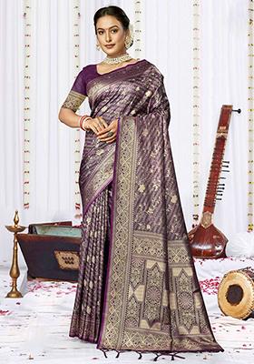 Lavender Ikat Print Satin Silk Saree Set