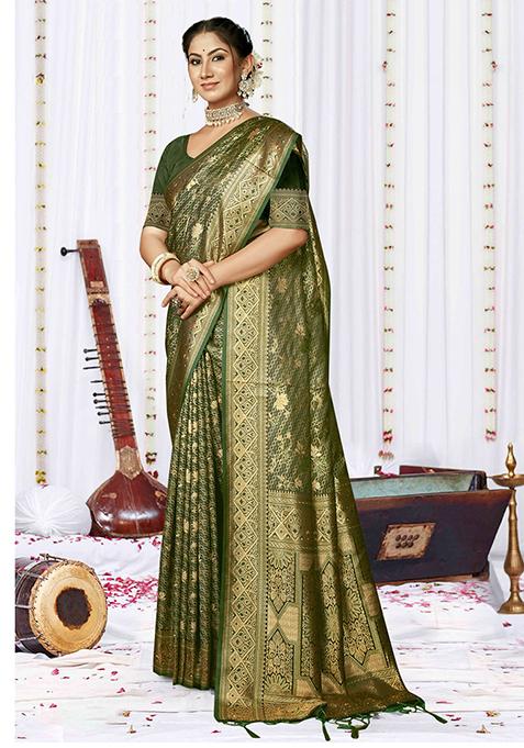 Green Printed Satin Silk Saree Set