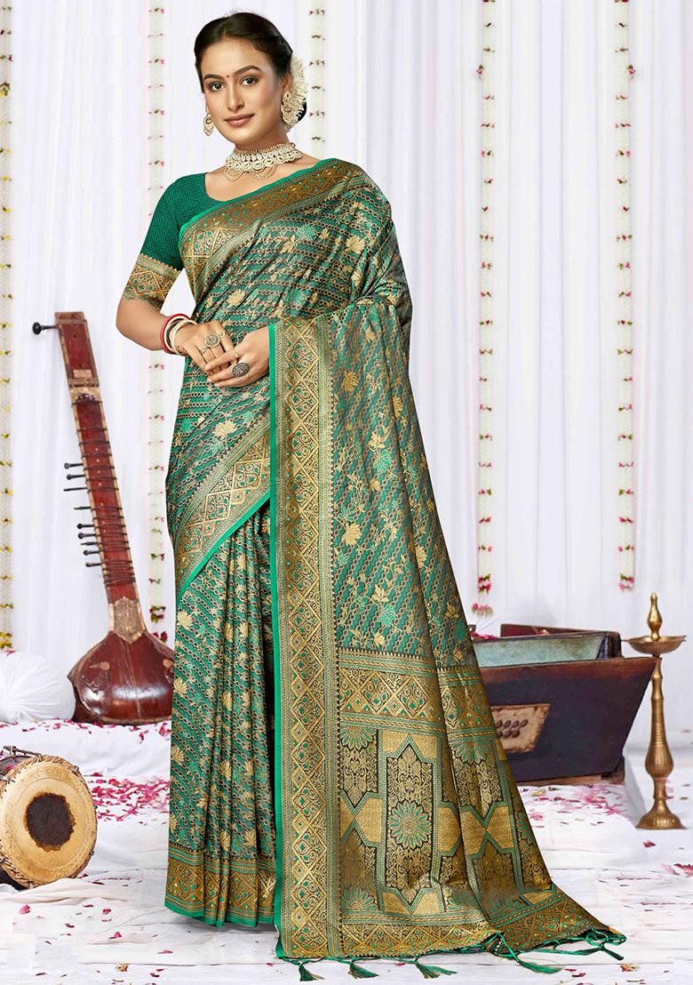Teal Blue Jacquard Satin Silk Saree Set