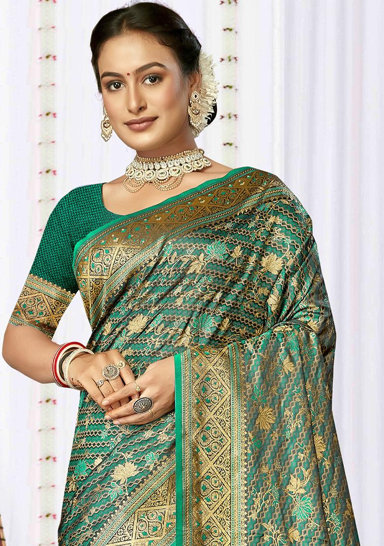 Teal Blue Jacquard Satin Silk Saree Set