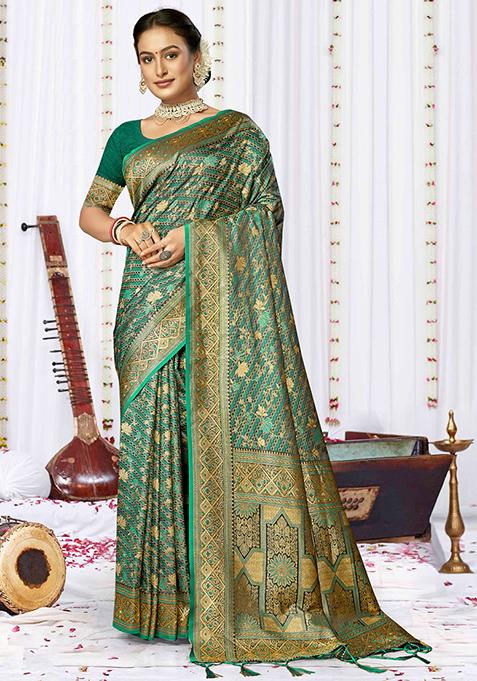 Teal Blue Jacquard Satin Silk Saree Set