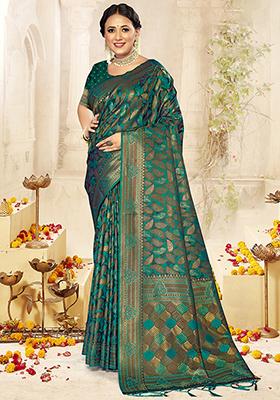 Green Jacquard Satin Silk Saree Set